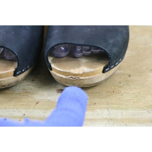 Moheda Sweden Victoria Clogs 8.5 Black Leather Wooden Peep Toe Heeled Sandals - Picture 9 of 11